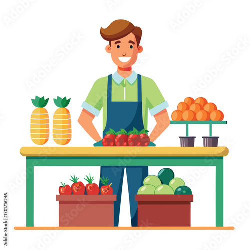 A friendly fruit vendor stands behind his stall