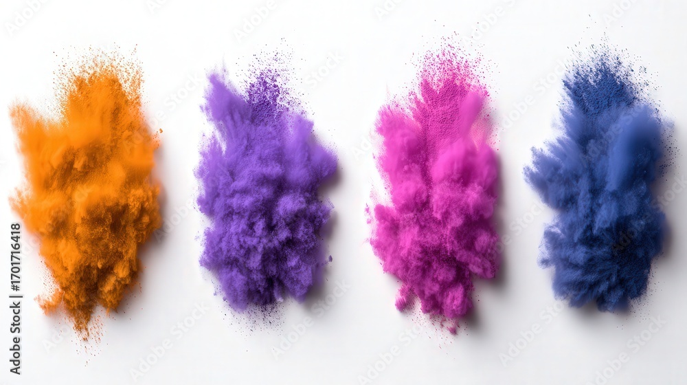Naklejka premium Colorful powder explosions in vibrant hues create a dynamic visual impact, ideal for designs in art, music, health, or celebration themes, Great for backgrounds, flyers, and promotional materials,