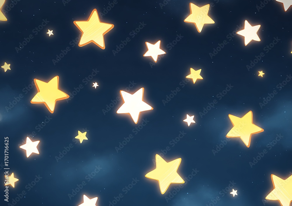 Obraz premium Cartoon style blue gradient night sky background with glowing stars, cute outlined shapes, white highlights, simple lines, dreamy atmosphere, and magical luminous starlight concept.