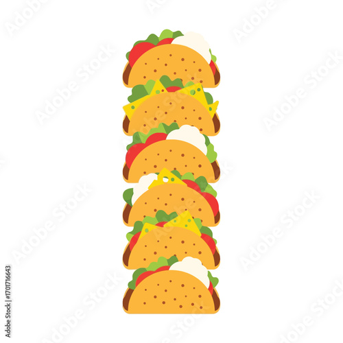 Creative flat design illustration of a tall vertical stack of classic crunchy tacos, a festive concept for Mexican food and cuisine