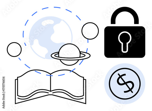 Open book with orbiting planets, Earth, lock, and currency icon. Ideal for education, cybersecurity, financial literacy, global knowledge economic growth security systems and connectivity. A