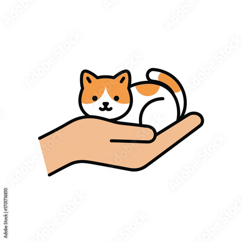 Vector art depicting a person carefully cradling a small calico kitten, representing love, protection, and responsible pet ownership