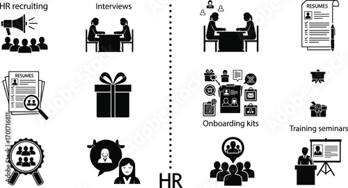 Human resources recruitment process illustration showing interviews, resumes, onboarding kits, employee selection, and training seminars for business development.