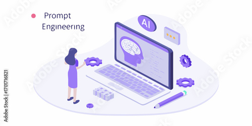 Woman interacting with ai technology and prompt engineering concepts on a laptop screen