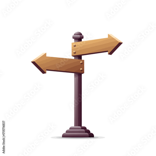 Rustic wooden directional signpost with two arrows pointing in opposite directions on a white background