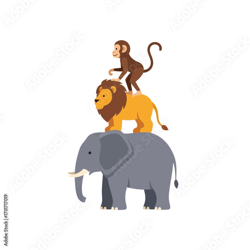 Whimsical illustration of an elephant, lion, and monkey stacked in a tower, a fun concept of teamwork, balance, and friendship
