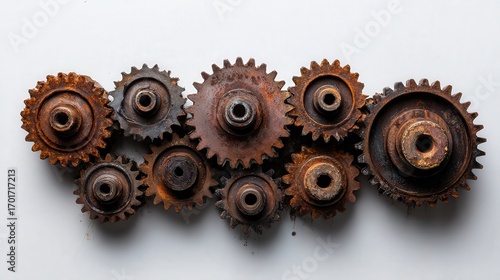 A collection of rusted gears artfully arranged, showcasing their industrial charm, This image is ideal for topics on machinery, vintage aesthetics, or engineering