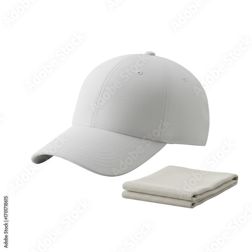 Pristine, unbranded white baseball cap and light beige linen swatch, presented floating without shadows on seamless transparent, high-key studio product showcase concept