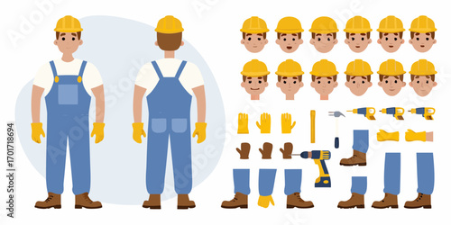Construction worker character kit with various poses and accessories for design projects