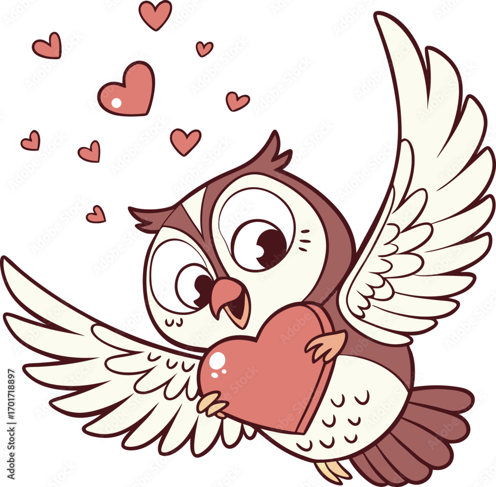 Naklejka premium Cute cartoon owl holding a heart with wings spread for valentine s day or love themes