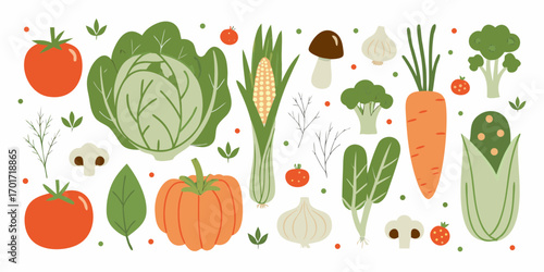 A colorful assortment of fresh vegetables and produce arranged in a vibrant flat design illustration
