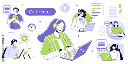 Diverse call center team providing customer support and assistance with technology and communication