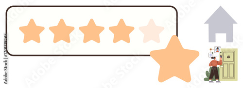 Five-star rating scale with one unlit star, large highlighted star, person placing feedback on the front door. Ideal for customer satisfaction, review, service quality, feedback, rating, home