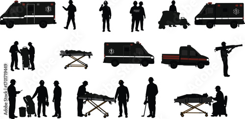 Emergency response vector illustration showing ambulance vehicles, paramedics, firefighters, rescue workers, medical stretcher, safety teamwork, emergency services icons and silhouettes.