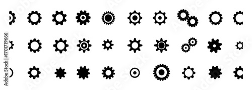 Collection of Black Gear Icons and Symbols on White Background