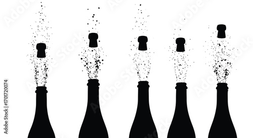 Five champagne bottles popping corks with bubbles explosions celebration festive beverage alcohol vector