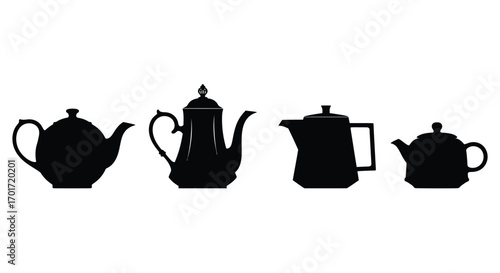 Collection of four silhouette teapots various vintage styles for elegant kitchenware and beverage service vector