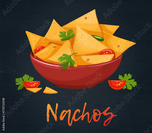 Delicious bowl of nachos garnished with tomatoes and cilantro vector icon, beautifully served on a black chalkboard backdrop. Heaping bowl of gourmet nachos cartoon illustration. Crispy tortilla chips