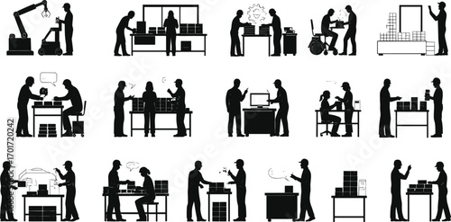 Factory workers and engineers silhouettes in assembly line, robotics, teamwork, packaging, quality control, supervision, production, collaboration, and industrial manufacturing process.