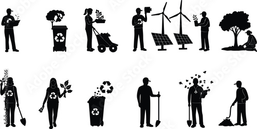 Eco friendly people silhouettes with recycling bins, planting trees, wind turbines, solar panels, waste management, sustainability, renewable energy, and environmental protection.