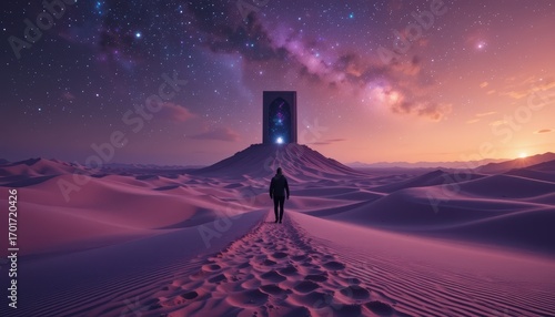 Solitary Wanderer Approaches a Cosmic Portal in the Desert