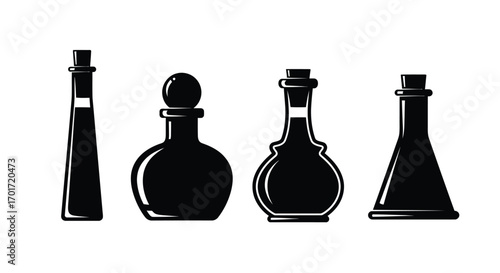 Set of four elegant black glass bottles with cork stoppers for potions or liquids vector