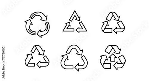 Collection of six distinct recycling symbols and arrows for environmental conservation and sustainability concepts vector