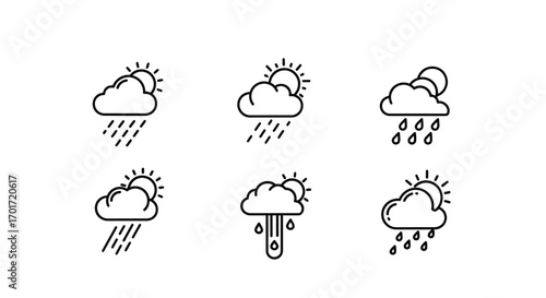 Set of six hand-drawn weather icons depicting rain and sunshine combinations vector