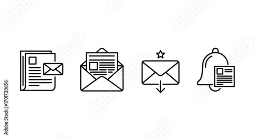 Hand drawn email icons set featuring envelope newsletter notification bell and document symbols vector