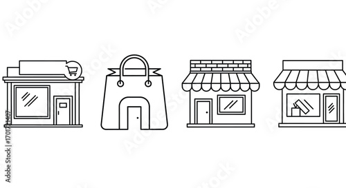 Collection of simple line art storefronts and shopping bag icons for retail and e-commerce concepts vector