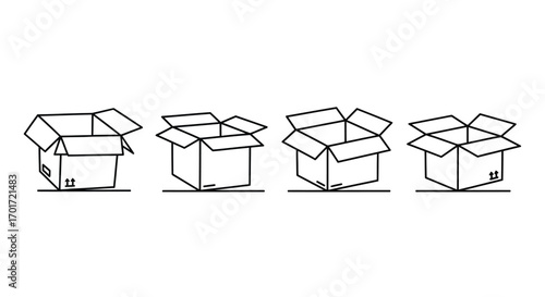 Four open cardboard boxes arranged linearly showing different angles and perspectives vector