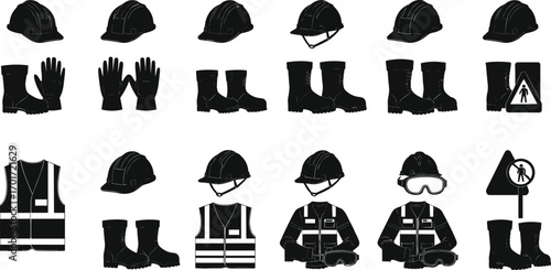 Construction worker safety equipment vector set including helmets, gloves, boots, vests, goggles, jackets, and protective warning signs illustration.