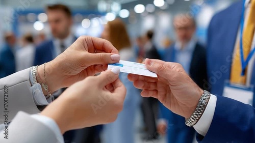 Business Card Exchange: A professional exchange of business cards at a conference or networking event, symbolizing connections and collaboration.