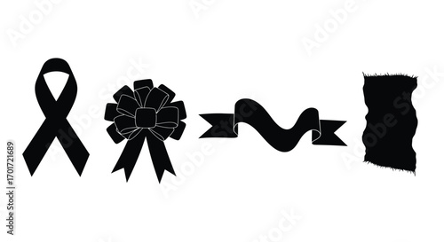 Set of black ribbons and mourning symbols isolated on white for memorial and remembrance vector