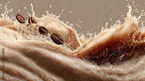 Coffee beans falling into liquid creating splash and waves brown beige background.