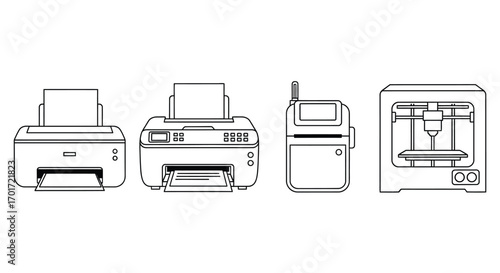 Set of diverse printers and 3d printer line art technology icons isolated vector