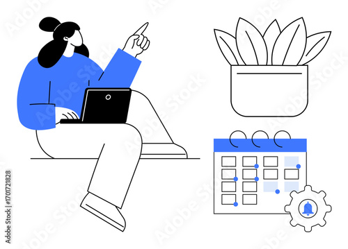 Female character with laptop, calendar for scheduling, potted plant, and gear icon suggesting settings. Ideal for productivity, remote work, organization, planning, time management focus workflow
