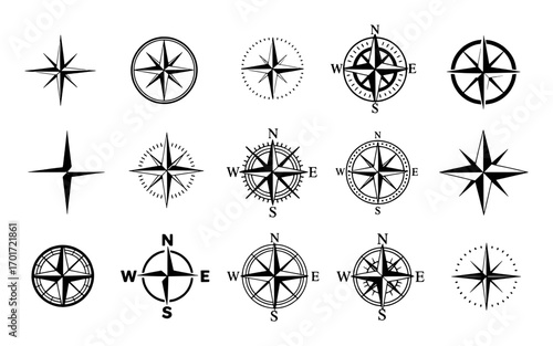 Collection of Black and White Compass Rose Icons and Symbols
