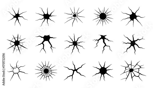 Collection of Black Cracked Glass and Surface Breakage Vector Graphics