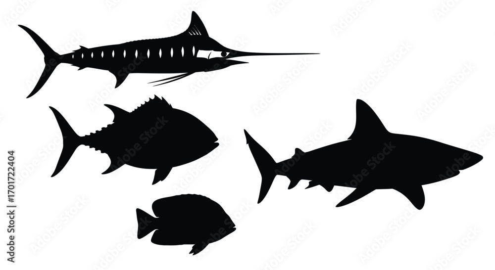 Fototapeta premium Silhouette collection of marine life marlin shark tuna small fish aquatic animals ocean creatures vector