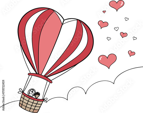 Flat vector illustration of a heart shaped hot air balloon for design projects