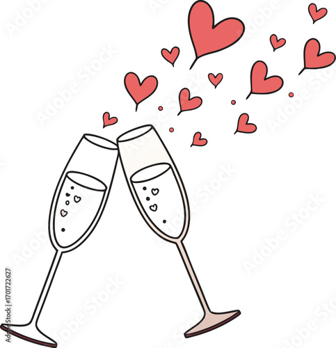 Flat vector illustration of champagne glasses clinking for celebration