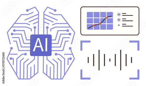 AI brain design with circuitry, graphical dashboard and sound wave visual. Ideal for machine learning, data processing, automation, sound analysis, research, innovation and technology. Simple flat