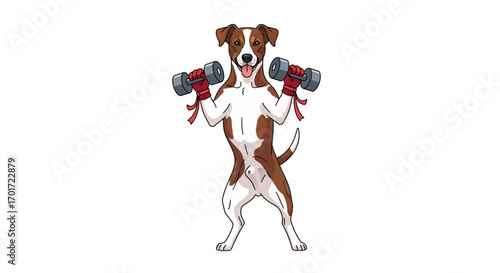 Funny cartoon illustration of a strong Jack Russell Terrier dog lifting heavy dumbbells during a fitness workout on a white background