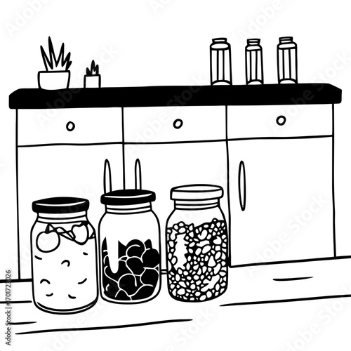 Kitchen countertop with jars of food and plants in minimalist style  