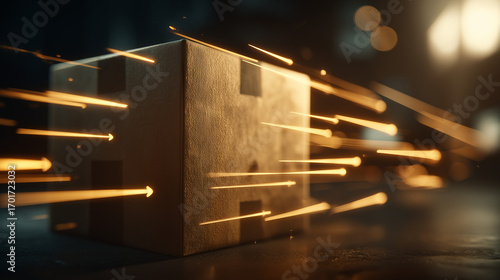 Delivery package with motion effects and glowing light streaks  