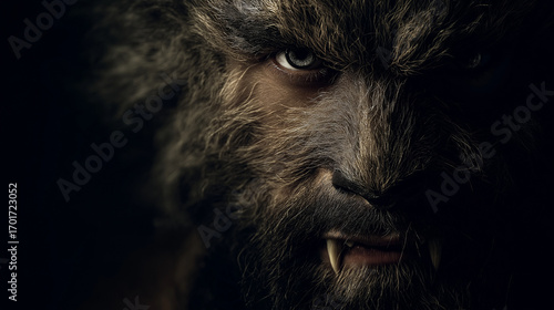Man wearing werewolf mask. Werewolf creature with fangs staring intensely in dark atmosphere  