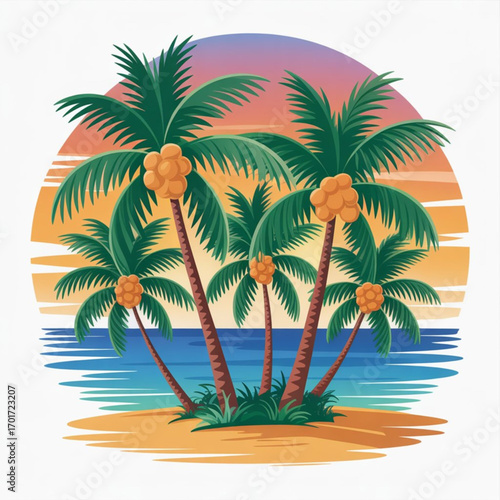 Tropical Palm and Coconut Trees on Sandy Beach with Vibrant Sunset Vector Illustration