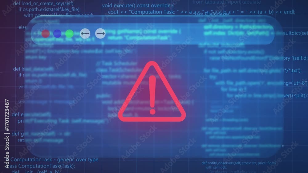 Data error cybersecurity alerts displaying warning symbols, animation, hacking threats, data breaches, and internet security issues, a technology concept.
