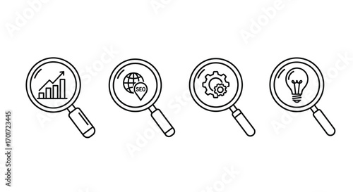 Magnifying glasses reveal icons of growth brain gears and light bulb ideas concept vector